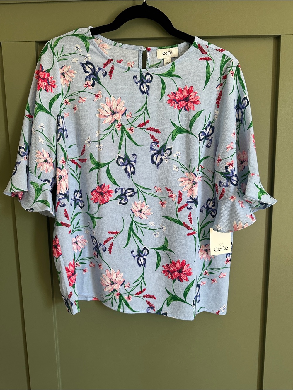 CeCe Blue Floral Ruffle-Sleeve Blouse